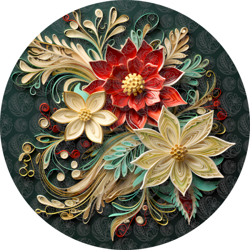 Paper art floral bouquet featuring red and cream quilled poinsettias on teal, Grey Barn Handwerk, Saskatchewan.